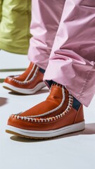 Canvas Print - A pair of a person wearing colorful pants and shoes, AI