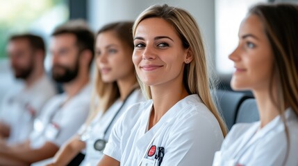 A smiling young female doctor attending a focused learning session, emphasizing community and education, surrounded by colleagues in a modern healthcare training environment.