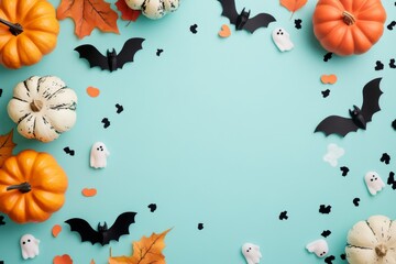 Wall Mural - A flat lay card with pumpkins, bats, ghosts, spiders in a Halloween frame. Happy Halloween card.