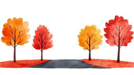 Wall Mural - A charming autumn country road lined with vibrant red and golden trees watercolour illustration 