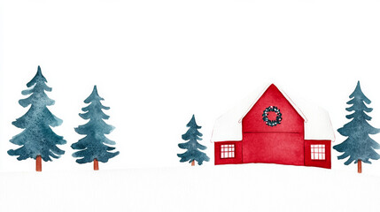 Sticker - A charming winter barn adorned with holiday wreaths and surrounded by snow covered trees watercolour illustration 