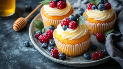 Wall Mural - Delicate cupcakes topped with fresh raspberries and blueberries on a rustic plate