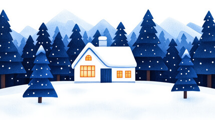 Wall Mural - A cozy cabin in snowy woods with a warm glow from the windows watercolour illustration 