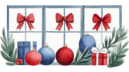 Wall Mural - A delightful winter window display with frosted panes and holiday decorations watercolour illustration 