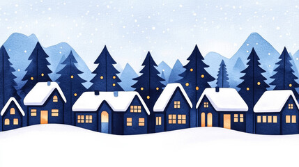 Sticker - A festive holiday village with snow covered rooftops and twinkling lights at twilight watercolour illustration 