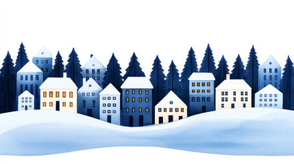 Sticker - A festive holiday village with snow covered rooftops and twinkling lights at twilight watercolour illustration 