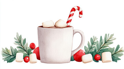 Wall Mural - A festive hot chocolate mug with marshmallows and a candy cane in vibrant holiday colors watercolour illustration 