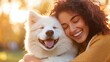 © Pinklife - A radiant woman with curly hair hugging her white fluffy dog, both smiling joyously in the warm golden sunlight, soaking in the beauty of the moment in the park.