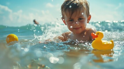 Poster - Young boy playing in the ocean, surrounded by ducks. Childhood joy and carefree summer day.