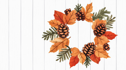 Wall Mural - An intricate autumn wreath made of orange leaves and pinecones on a rustic wooden door watercolour illustration 