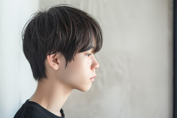 side profile of young asian man with stylish short hair against light background