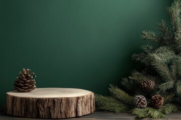 Wall Mural - Empty log podium with tablecloth on wooden table over green wall and pine tree decoration background. Christmas mock up for design and product display with generative ai