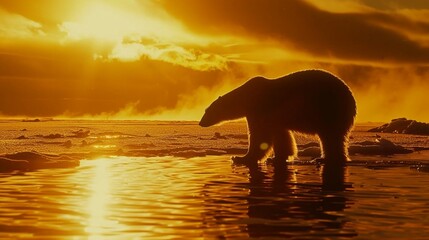 The silhouette of a polar bear in the midnight sun
