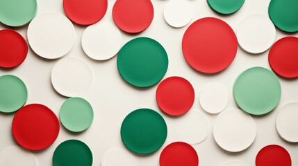 Sticker - Simple Christmas background with circular geometric shapes in red and green on a soft gradient from white to silver 