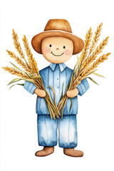 Sticker - Watercolor illustration of scarecrow holding wheat sheaves in golden brown tones for Thanksgiving bright simple watercolour background 