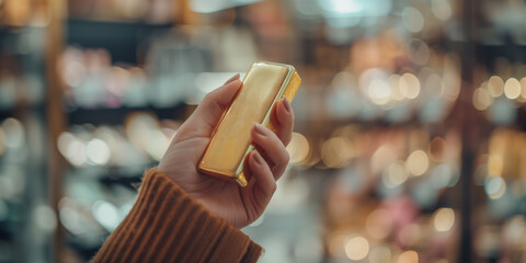 Close-up of a hand holding a gold bar with a blurred background, symbolizing wealth and luxury in an elegant setting