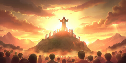 Poster - Ministry of Jesus. Silhouette of Jesus standing on top of a mountain and preaching to the crowd. Watercolor painting