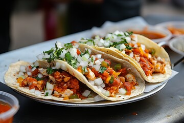 Delicious soft tacos topped with diced onions and fresh cilantro on a stainless steel plate at a street food market