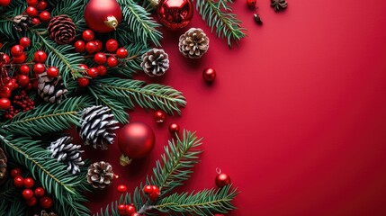 Red and green festive holiday decorations including berries, golden ornaments, pine cones, and branches on a red background.