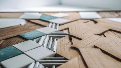 Poster - A close up of a wooden floor with different colored tiles, AI