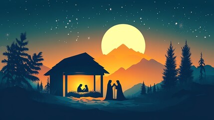 Silhouette of the Holy Family in a manger with a bright moon and stars in the sky