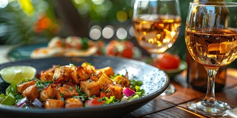 A table set with a bowl of food and two glasses of wine.