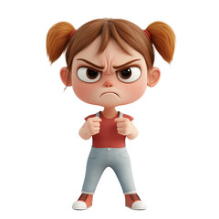 A 3D cartoon character of a young girl feeling frustrated, with a furrowed brow and clenched fists, isolated on a transparent background