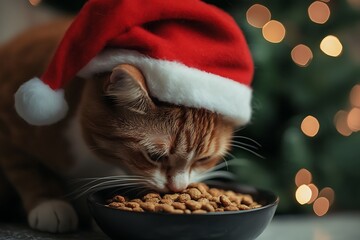 Wall Mural - cat eating dry food from a bowl on home room interior background, feeding pet