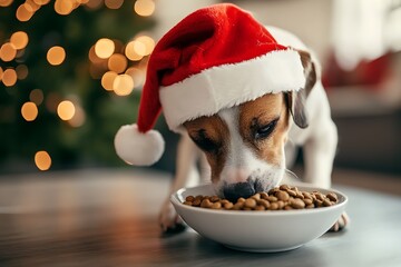 Wall Mural - dog in santa hat eating dry food from a bowl on home room christmas interior background, feeding pet