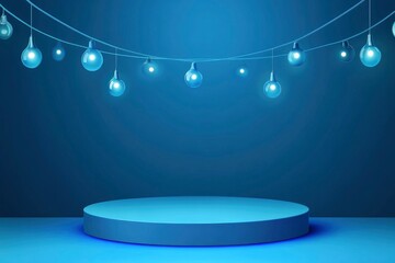 Empty blue podium floating in the air with blue flying line lamps around, 3d realistic vector illustration with generative ai