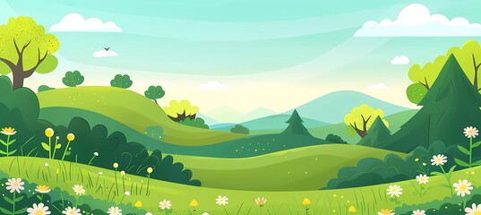 Canvas Print - green forest landscape, flat vector illustration with simple shapes and lines, cute cartoon style