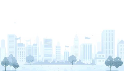 flat vector illustration of a city skyline, simple, white background, grey and blue color palette