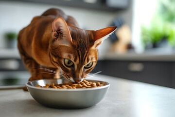 Wall Mural - cat eating dry food from a bowl on home room interior background, feeding pet