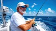 © Pinklife - A man is intensely focused while fishing on a boat in the middle of the ocean, surrounded by a clear blue sky and waves, creating a peaceful and serene atmosphere.