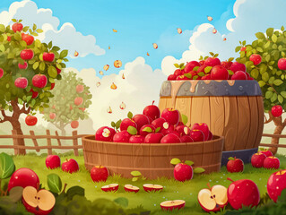 Wall Mural - A cartoonish scene of a farm with a large wooden barrel full of apples. The apples are scattered around the scene, with some in the barrel and others on the ground