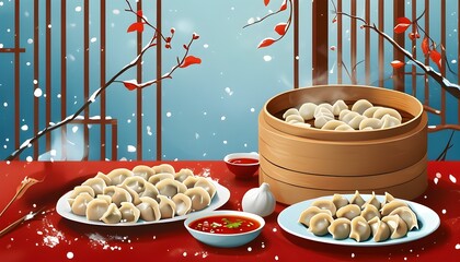 Delicious dumplings and hot soup on the table in winter, accompanied by red leaves and snowflake background