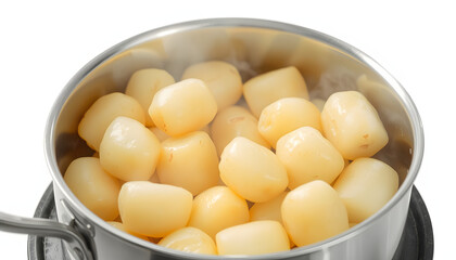 Potatoes simmering in a stainless steel pot isolated with white highlights, png