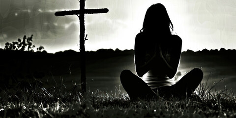 Poster - Silhouette of a woman sitting on the grass praying in front of a cross at sunset