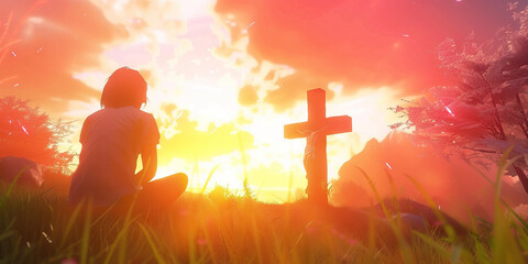 Canvas Print - Silhouette of a woman sitting on the grass praying in front of a cross at sunset