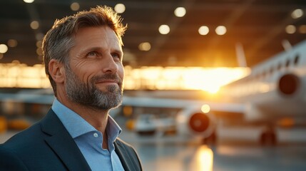 An optimistic man in a suit with a grey beard smiles slightly, standing in an airplane hangar with the setting sun in the background, embodying positive industry outlook.