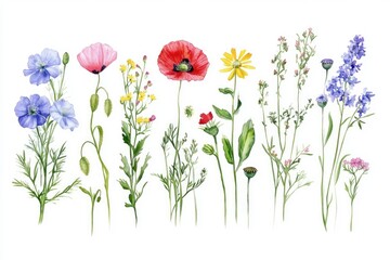 Wall Mural - Boho Wild Herbs Illustration. Collection of Detailed Watercolor Meadow Wildflowers for Botanical and Romantic Projects