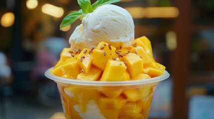 Delightful Mango Ice Cream Sundae with Fresh Tropical Fruit Topping in a Vibrant Yellow Bowl