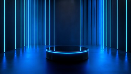 Poster - 3D Illustration of Sleek Black Pedestal with Blue Neon Accents