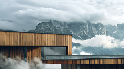 Modern style building surrounded by forest and mountains