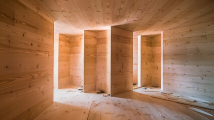 Sticker - A room with wood walls and a light coming in from the ceiling, AI