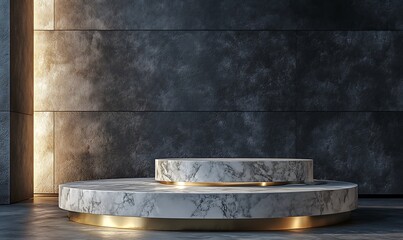 Poster - 3D Rendering of a Marble Plinth with Gold Accents on a Textured Grey Background