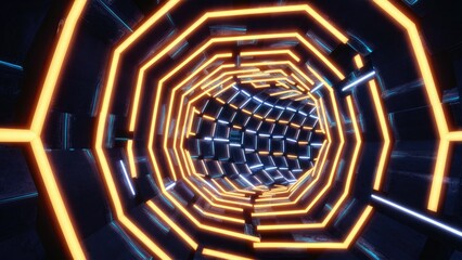 Wall Mural - Animated tunnel with glowing hexagonal lines Rotating cyber tunnel design featuring luminous neon patterns Dark tunnel environment with vibrant hexagonal neon illumination