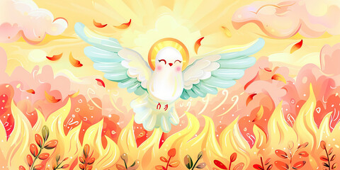 Wall Mural - Winged dove in flames, a representation of the New Testament Holy Spirit with copy space