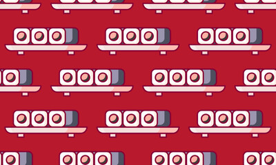 Wall Mural - A repeating pattern of sushi rolls on a red background