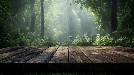 Aufkleber - 3D Rendering of a Rustic Wooden Table Against a Dark Green Forest Backdrop
